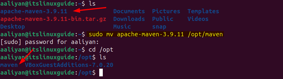 Moving the Maven extracted directory to opt directory in Ubuntu