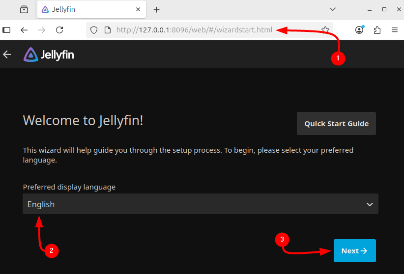 Configuration step 1: Selecting Jellyfin server language
