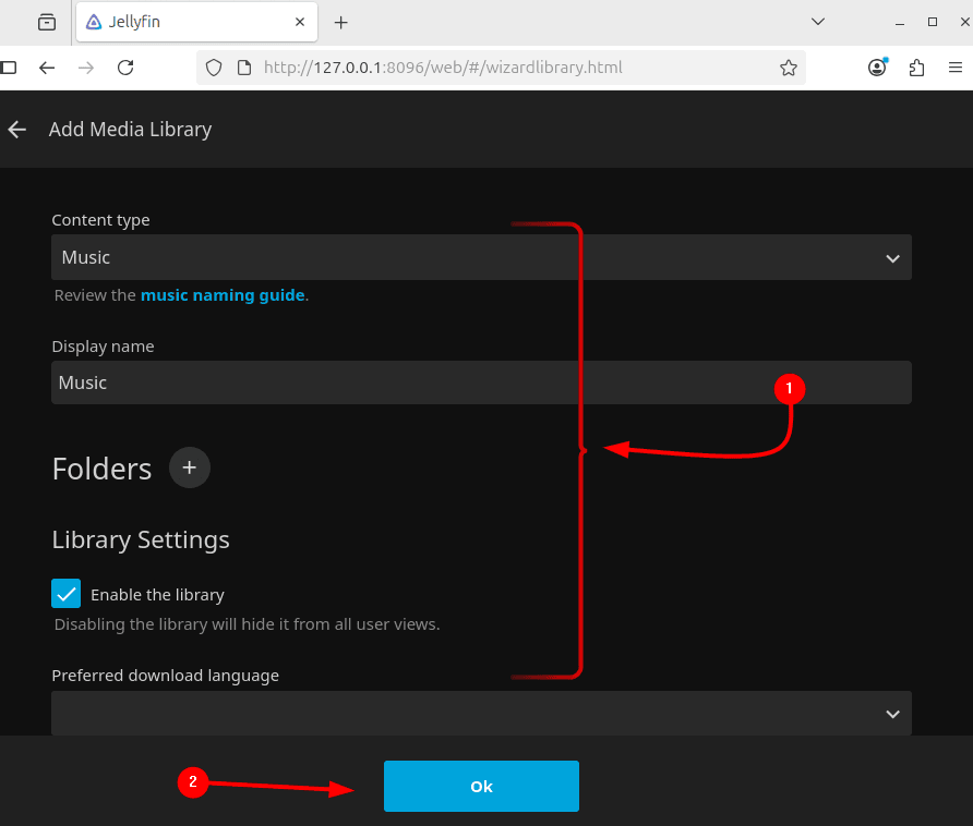 Configuration step 3: Selecting content type, Adding path and several other settings for Jellyfin media server on Ubuntu