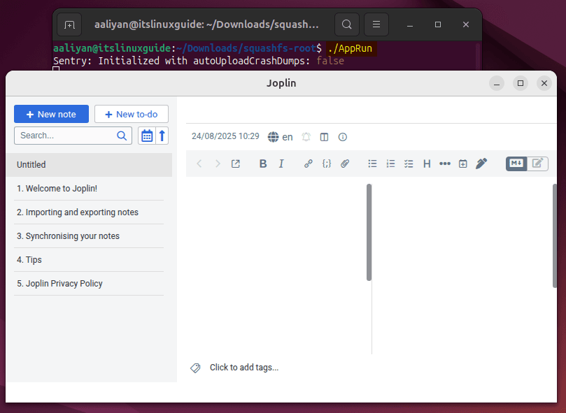 Launching Joplin on Ubuntu from its extracted AppImage file