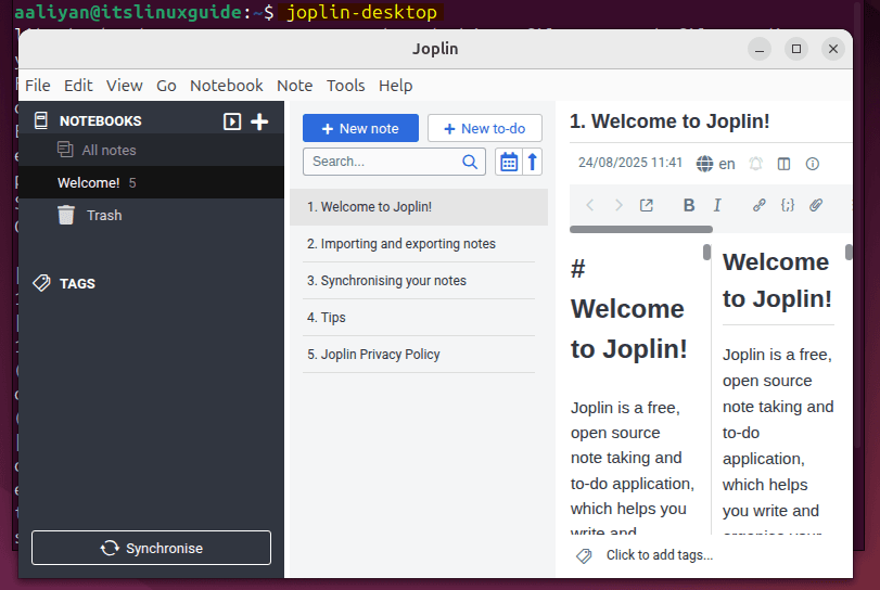 Launching Joplin desktop on Ubuntu installed via snap store