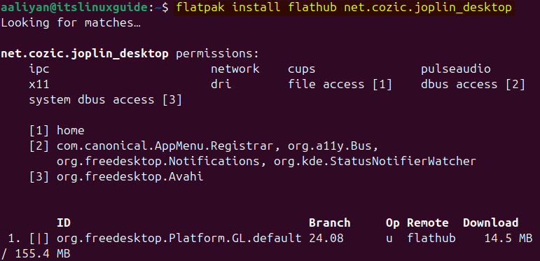 Installing Joplin desktop on Ubuntu via Flatpak package installer