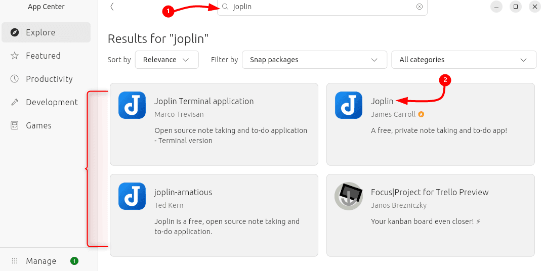 Searching for Joplin on Ubuntu App Center