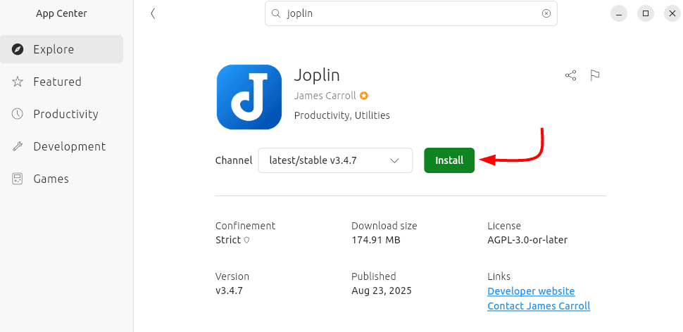 Installing Joplin on Ubuntu via App Center