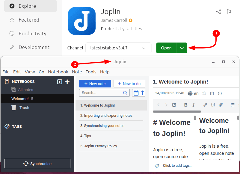 Launching Joplin on Ubuntu installed via App Center