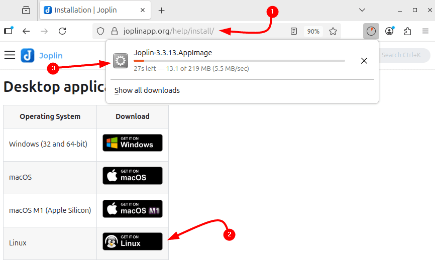 Downloading Joplin on AppImage file from its official website