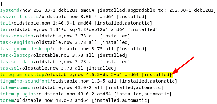 Listing apt installed apps on Debian to verify Telegram installation