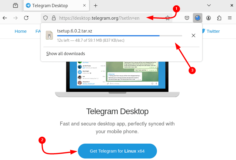 Downloading Telegram Tar file on Debian from its official website