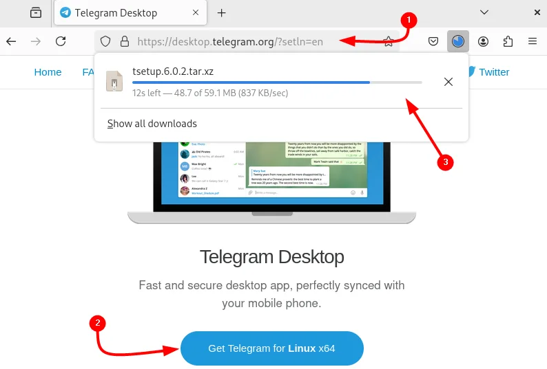 Downloading Telegram Tar file on Debian from its official website