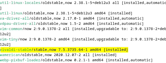 Listing apt installed apps to verify Vivaldi installation on Debian via its repository