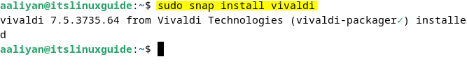 Installing Vivaldi browser on Debian using snap package installer