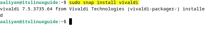 Installing Vivaldi browser on Debian using snap package installer