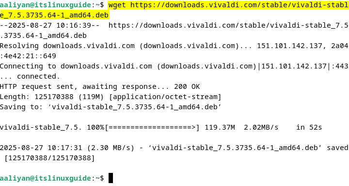 Downloading Vivaldi Browser .deb file on Debian via its terminal