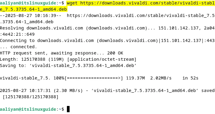 Downloading Vivaldi Browser .deb file on Debian via its terminal