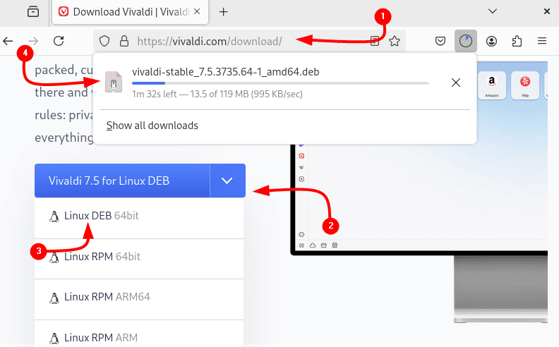 Downloading Vivaldi Browser .deb file on Debian via its official site