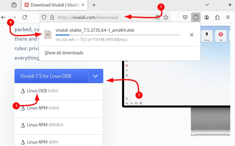 Downloading Vivaldi Browser .deb file on Debian via its official site
