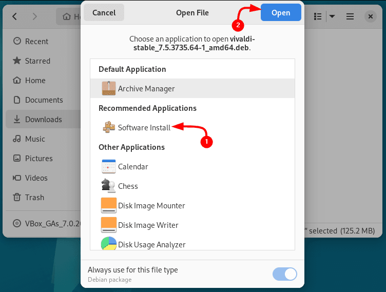 Installing Vivaldi on Debian via its deb file by using software install App