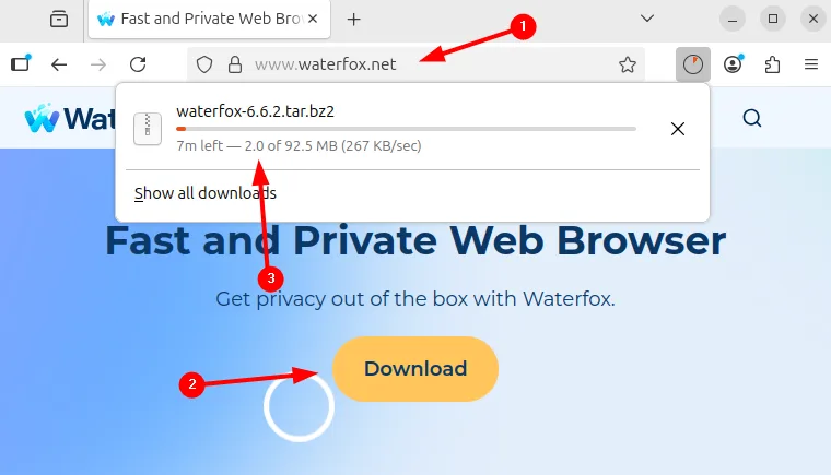Downloading Waterfox tar file on Ubuntu via its official site 
