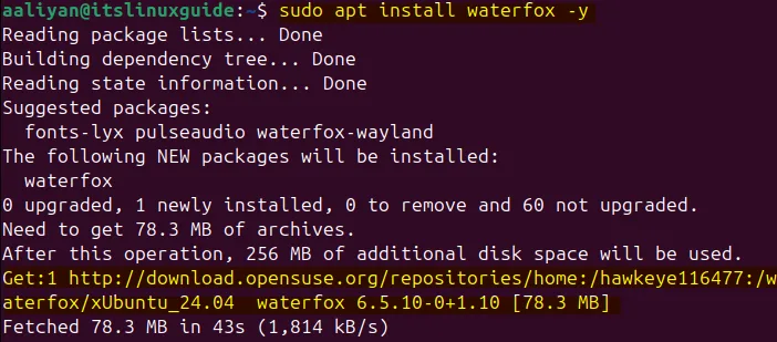 Installing Waterfox on Ubuntu via its repository through apt package installer 