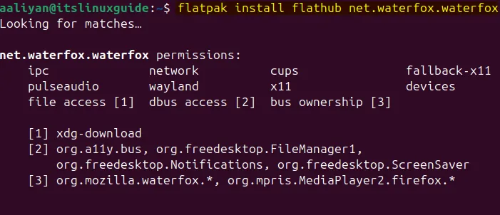 Installing Waterfox on Ubuntu via flatpak app installer 