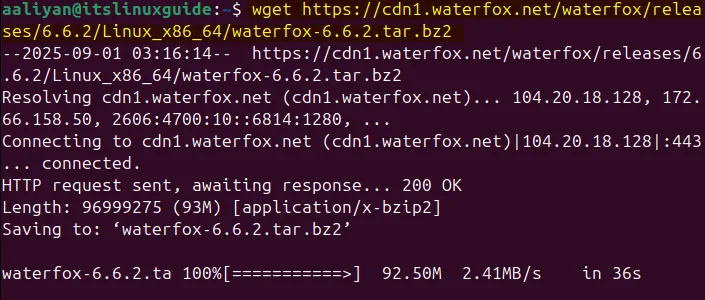 Downloading Waterfox tar file on Ubuntu via its download link 