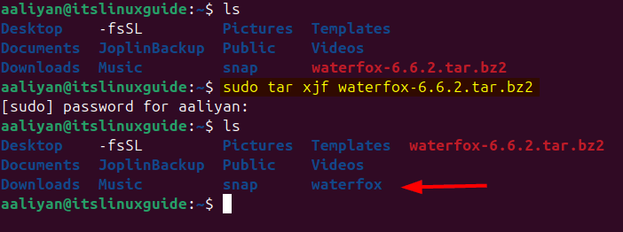 Extracting Waterfox tar file on Ubuntu