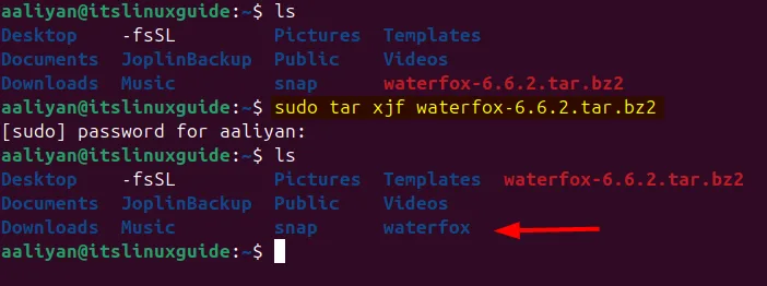Extracting Waterfox tar file on Ubuntu