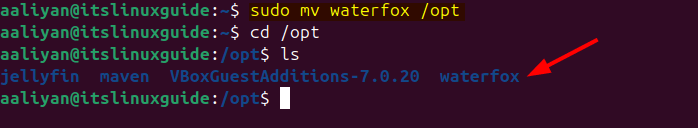 Moving Waterfox extracted tar file to opt directory in Ubuntu