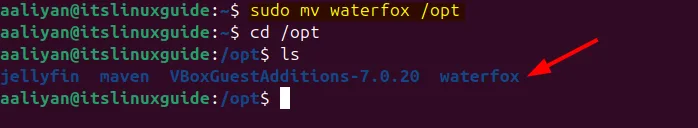 Moving Waterfox extracted tar file to opt directory in Ubuntu