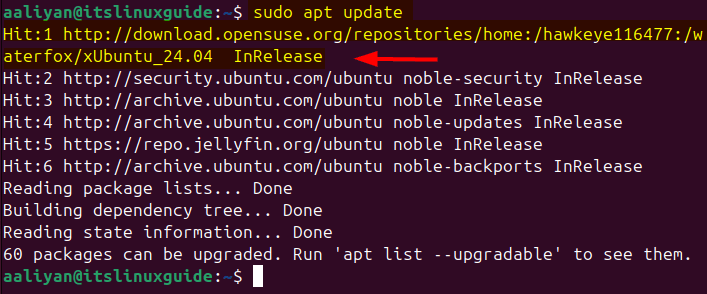 Updating apt packages list to successfully add the Waterfox repository on Ubuntu