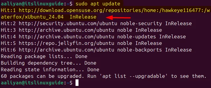 Updating apt packages list to successfully add the Waterfox repository on Ubuntu