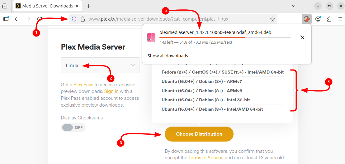 Downloading Plex Media server .deb file on Ubuntu from its official site