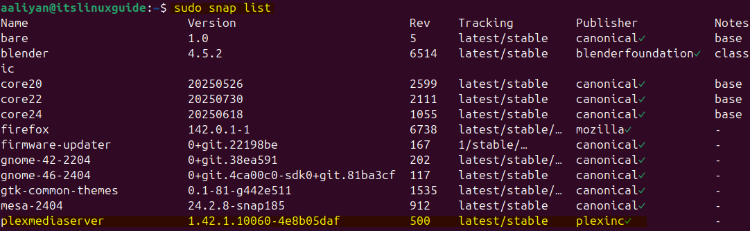 Listing Snap installed apps on Ubuntu to verify Plex Media installation