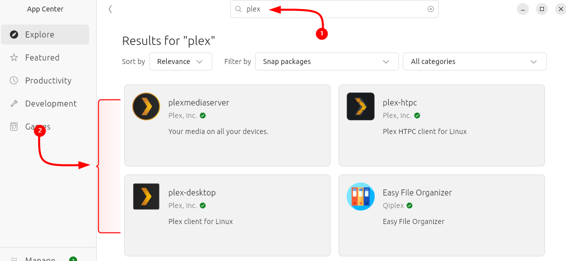 Searching for Plex Media Server on Ubuntu via its Ubuntu App Center