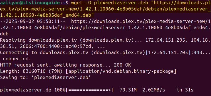 Downloading Plex Media server .deb file on Ubuntu via terminal