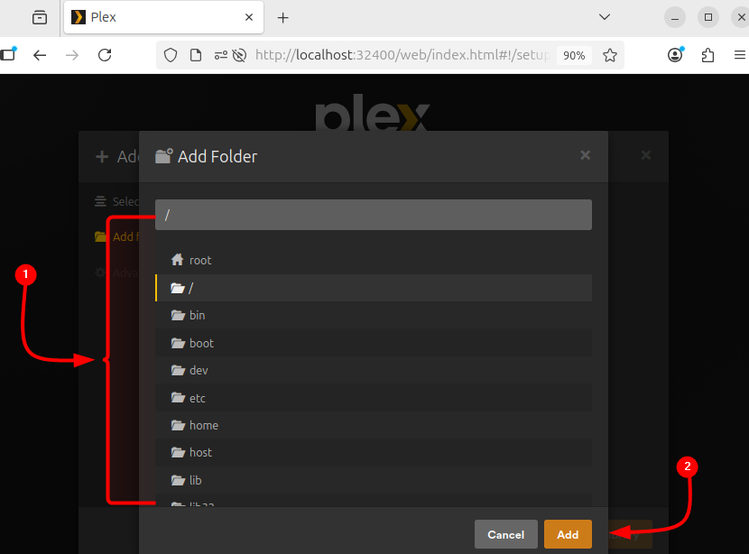 Selecting library directory for Plex Media server on Ubuntu