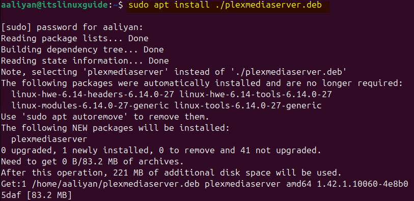 Installing Plex Media Server via .deb file using apt package installer on Ubuntu