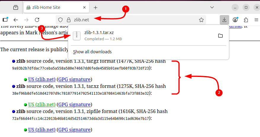Downloading Zlib Tar file on Ubuntu from its offical site