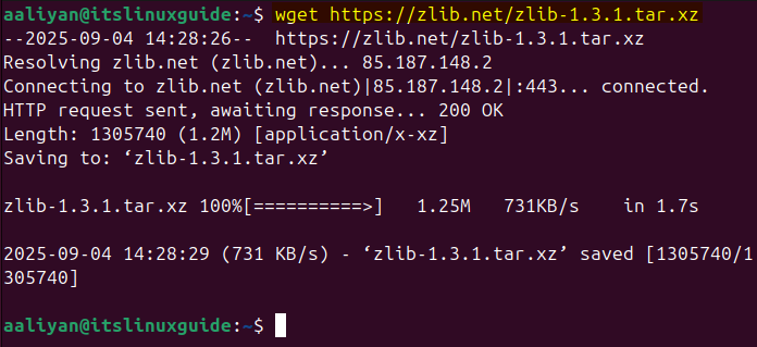 Downloading Zlib Tar file on Ubuntu from its downlaod link