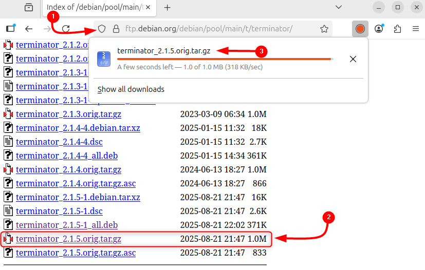 Downloading Terminator Tar file on Ubuntu from Debian package archives