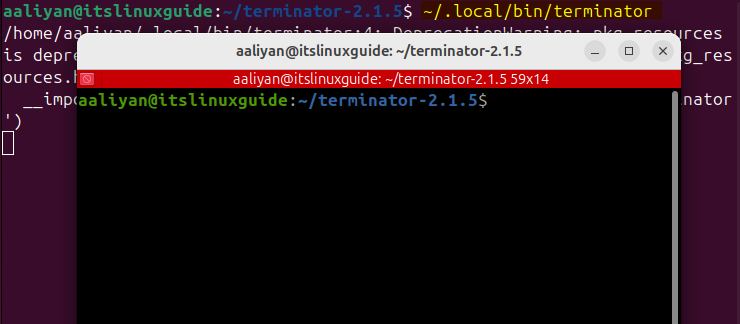 launching the Terminator from the user-local installation path after installing it via its source file