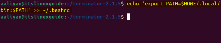 Updating the user’s Bash configuration so that executables are included in the PATH for Terminator on Ubuntu