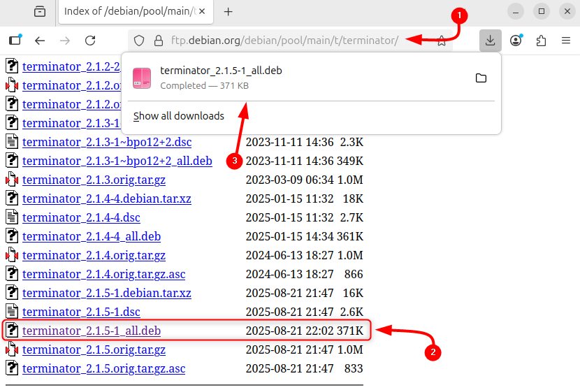 Downloading Terminator .deb file on Ubuntu from Debian package archives