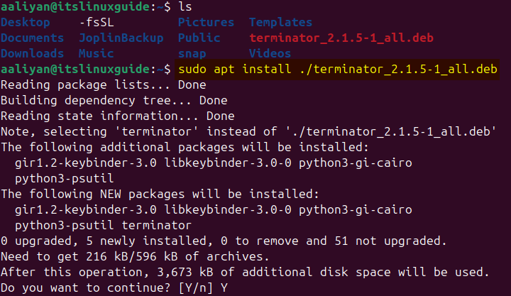 Installing Terminator on Ubuntu via its .deb file using apt