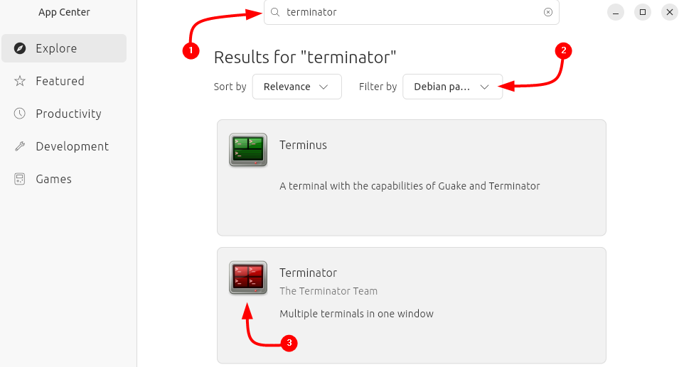 Searching for terminator in Ubuntu App Center
