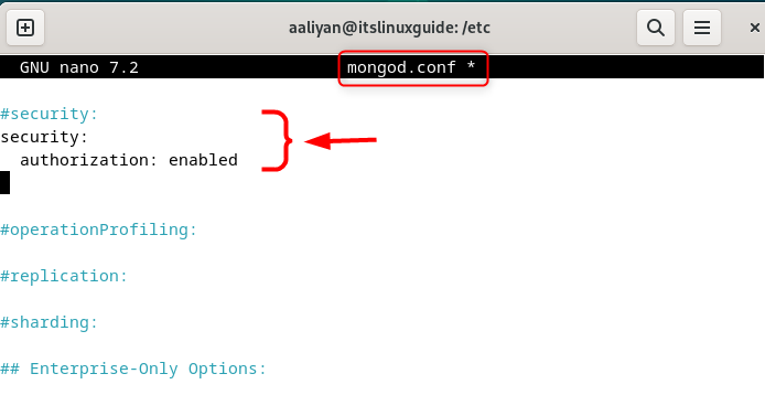 Adding code for enabling authentication for MongoDB on Debian