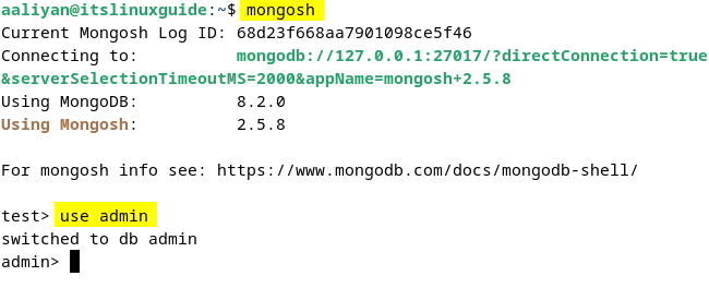 launching MongoDB shell and switching to admin