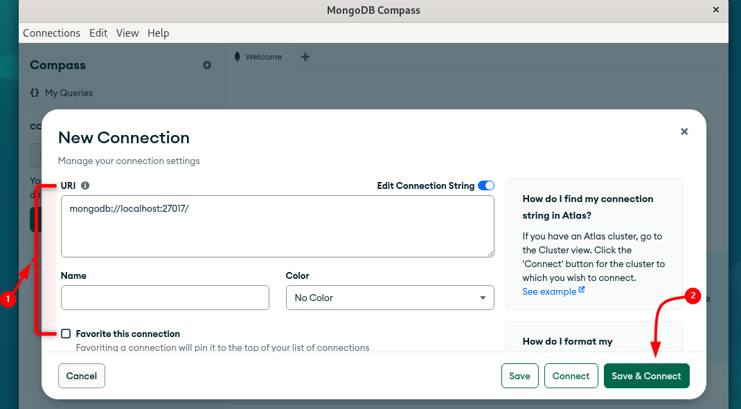 Adding connection URL and Port number of MongoDB in MongoDB Compass in Debian