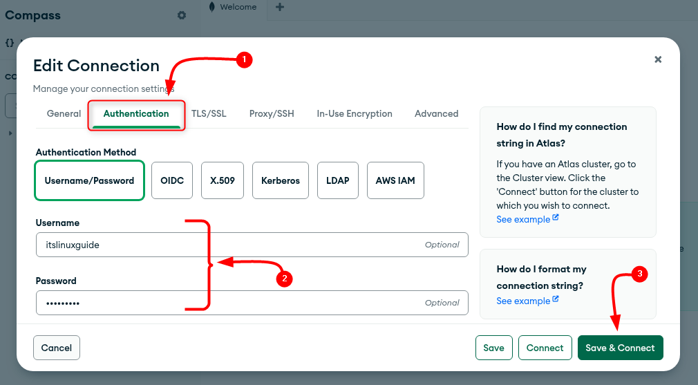 Adding username and password in MongoDB compass for authentication