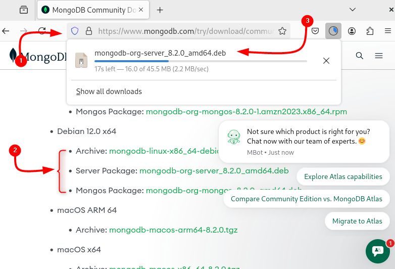 Downloading MongoDB .deb file on Debian from its official site